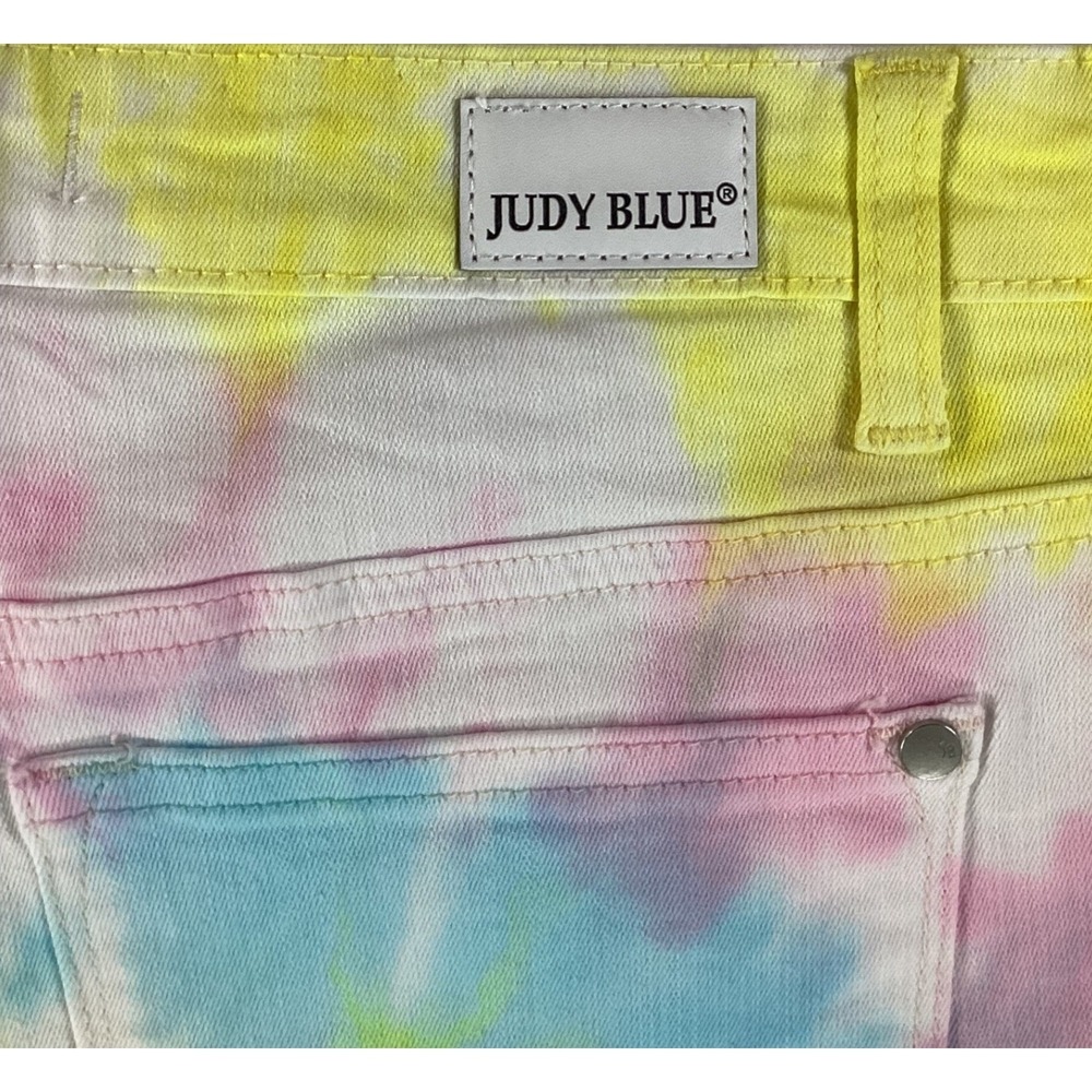 Judy Blue Tie Dye Shorts Women's L Multi Color Spiral Raw Hem High Rise Festival - Picture 10 of 12